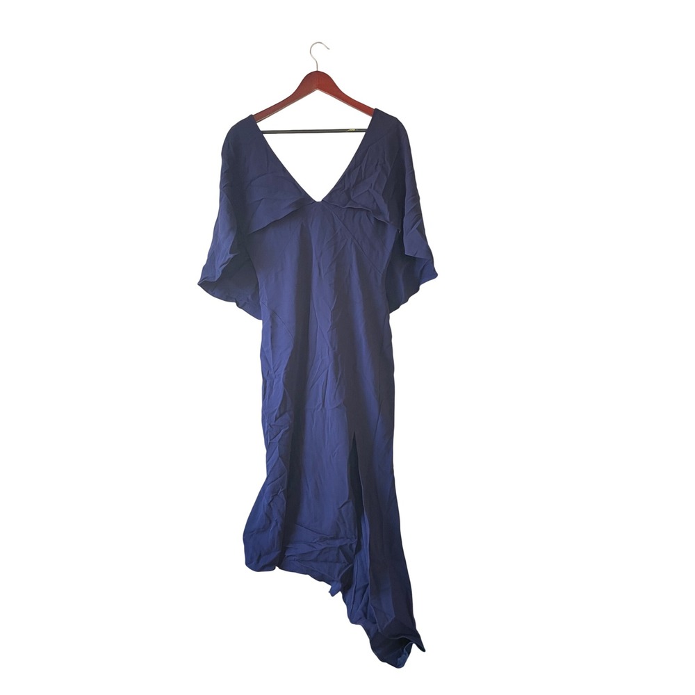 Ginger & Smart Navy Blue Cape Sleeve Asymmetrical V-Neck Gown Dress Size 14